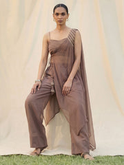 Brown Silk Crop Top with Pant & One Side Shrug Set