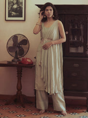Sea Green Silk Kurta with Pant & One Side Shrug Set