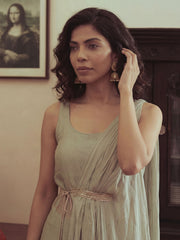 Sea Green Silk Kurta with Pant & One Side Shrug Set