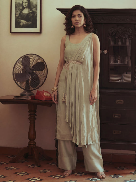 Sea Green Silk Kurta with Pant & One Side Shrug Set
