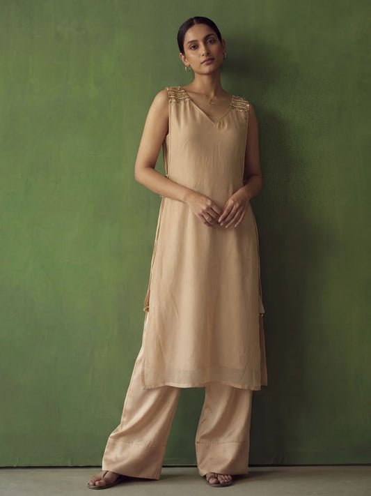 Beige Golden Silk Crop Top with Farshi Pant & Shrug Dress