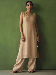 Beige Golden Silk Crop Top with Farshi Pant & Shrug Dress