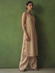 Beige Golden Silk Crop Top with Farshi Pant & Shrug Dress