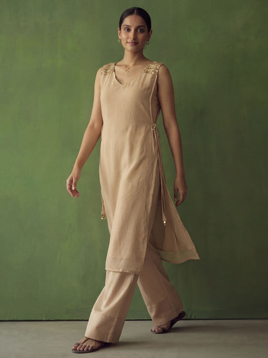 Beige Golden Silk Crop Top with Farshi Pant & Shrug Dress