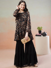 Girls Black Floral Printed Round Neck Empire Satin Kurta with Sharara