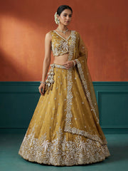 Women's Mustard Tissue Moti with Embroidered Lehenga Choli with Dupatta