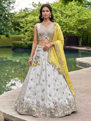 Women's Grey and Mustard Chiffon Beads with Embroidered Lehenga Choli with Dupatta