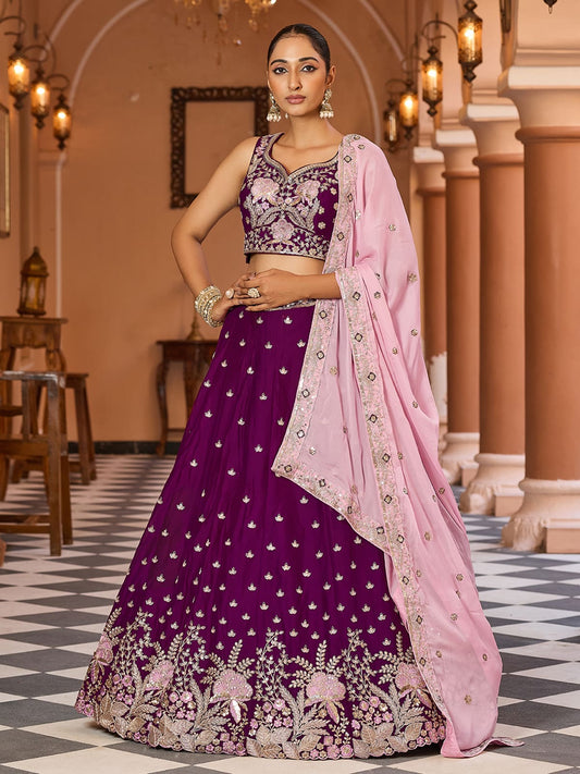 Purple  Georgette Fabric Sequins embroidery Semi Stitched Lehenga & Unstitched Blouse With Dupatta