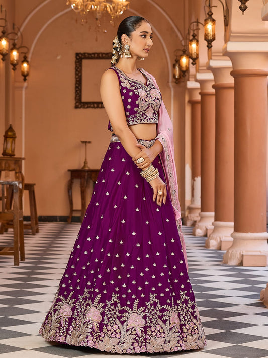 Purple  Georgette Fabric Sequins embroidery Semi Stitched Lehenga & Unstitched Blouse With Dupatta