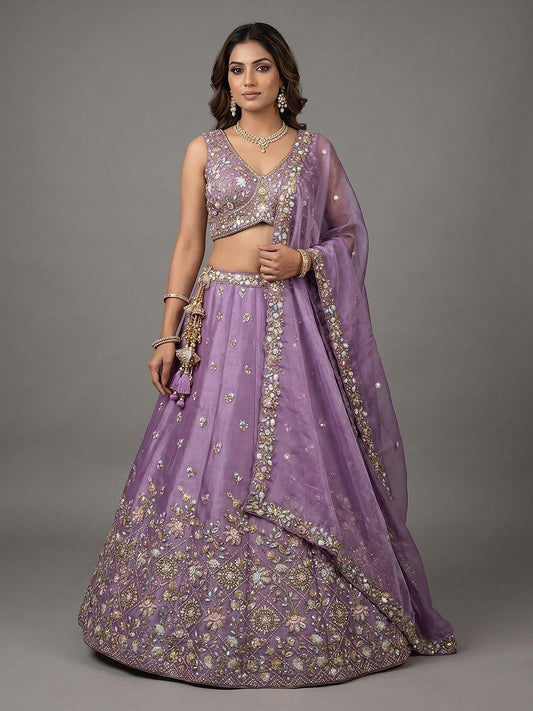 Women's Lavender Tissue Beads with Embroidered Lehenga Choli with Dupatta