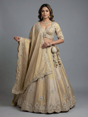 Women's Golden Silk Tissue Beads with Embroidered Lehenga Choli with Dupatta