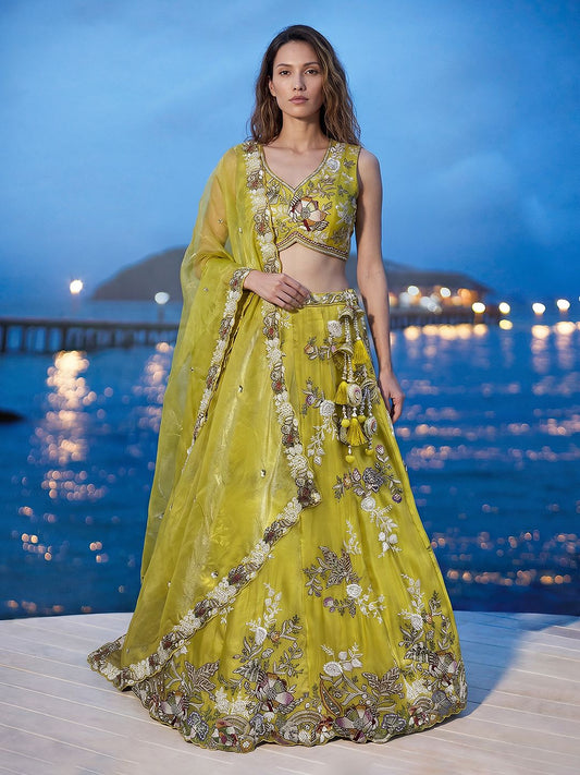 Women's Yellow Tissue Woolen Embroidered Lehenga Choli with Dupatta
