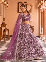 Burgundy  Net Fabric Sequins embroidery Semi Stitched Lehenga & Unstitched Blouse With Dupatta