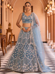 Teal  Net Fabric Sequins embroidery Semi Stitched Lehenga & Unstitched Blouse With Dupatta