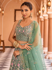 Limegreen  Net Fabric Sequins embroidery Semi Stitched Lehenga & Unstitched Blouse With Dupatta