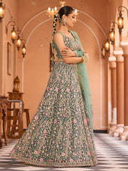 Limegreen  Net Fabric Sequins embroidery Semi Stitched Lehenga & Unstitched Blouse With Dupatta