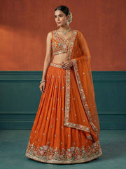 Women's Orange Georgette Sequince Embroidered Lehenga Choli with Dupatta