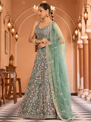 Limegreen  Net Fabric Sequins embroidery Semi Stitched Lehenga & Unstitched Blouse With Dupatta
