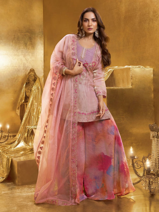 Women Floral Yoke Design Regular Thread Work Kurta with Palazzos & With Dupatta