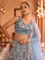 Teal  Net Fabric Sequins embroidery Semi Stitched Lehenga & Unstitched Blouse With Dupatta