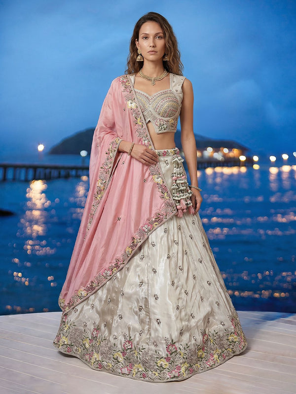 Women's White and Pink Chiffon Beads with Embroidered Lehenga Choli with Dupatta