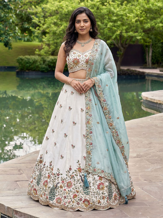 Women's Cream-Blue Organza Zarkan, Multi-Color Thread, Golden Sequin Embroidered Lehenga Choli with Dupatta