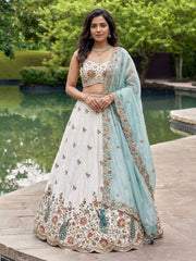 Women's Cream-Blue Organza Zarkan, Multi-Color Thread, Golden Sequin Embroidered Lehenga Choli with Dupatta