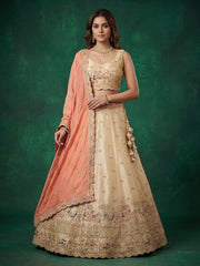 Women's Beige Tissue Zarkan Embroidered Lehenga Choli with Dupatta