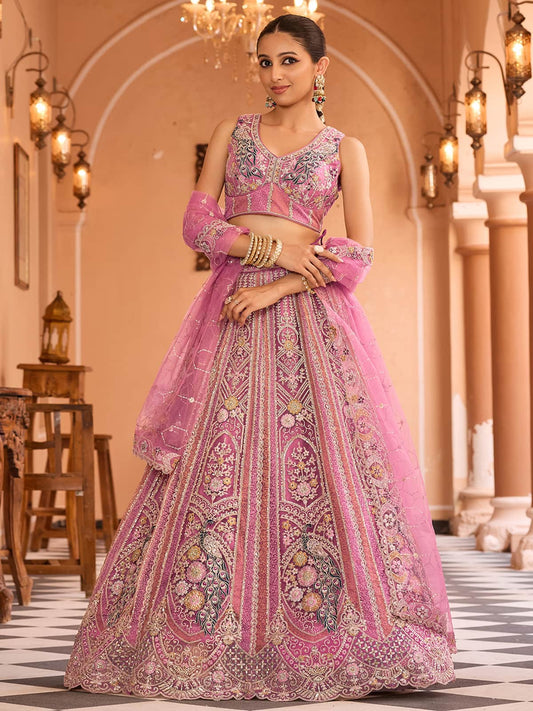 Pink  Net Fabric Sequins embroidery Semi Stitched Lehenga & Unstitched Blouse With Dupatta