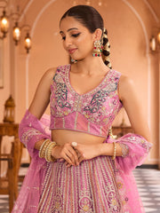 Pink  Net Fabric Sequins embroidery Semi Stitched Lehenga & Unstitched Blouse With Dupatta