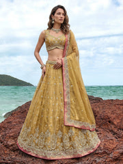 Women's Mustard Tissue Moti with Embroidered Lehenga Choli with Dupatta