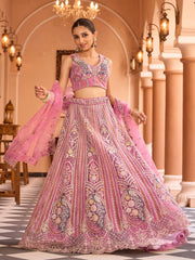Pink  Net Fabric Sequins embroidery Semi Stitched Lehenga & Unstitched Blouse With Dupatta