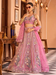 Pink  Net Fabric Sequins embroidery Semi Stitched Lehenga & Unstitched Blouse With Dupatta
