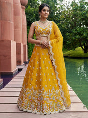 Women's Mustard Tissue Mirror sequince Embroidered Lehenga Choli with Dupatta