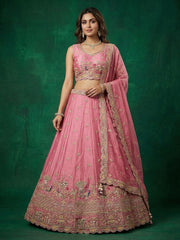 Women's Pink Tissue Zarkan Embroidered Lehenga Choli with Dupatta