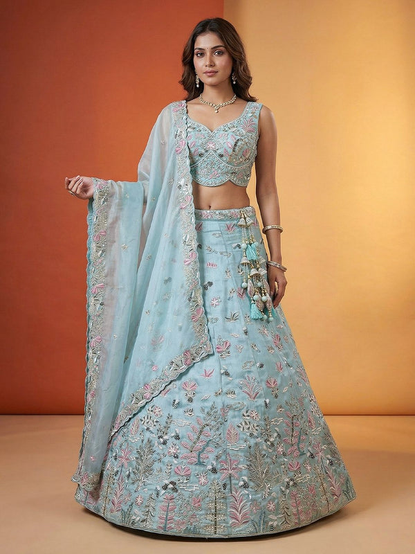 Women's Sky Organza Swarovski stones Embroidered Lehenga Choli with Dupatta