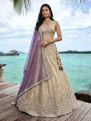 Women's Cream Tissue Beads with zari Embroidered Lehenga Choli with Dupatta