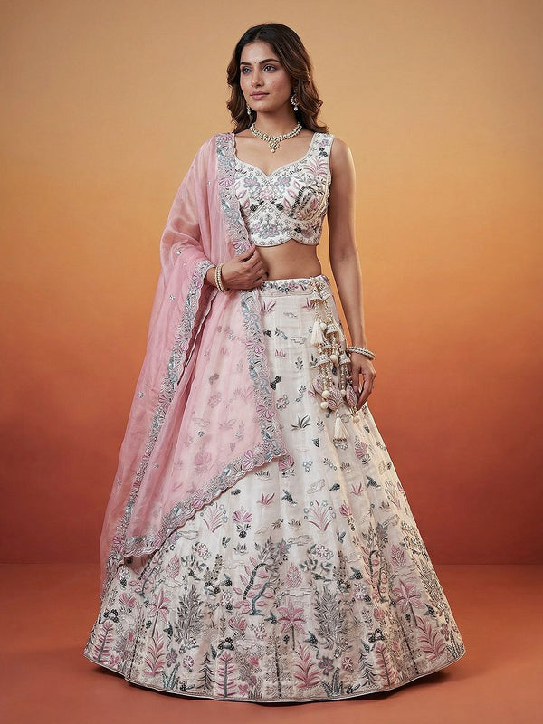 Women's White and Pink Organza Swarovski stones Embroidered Lehenga Choli with Dupatta