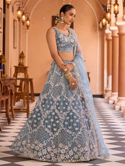 Teal  Net Fabric Sequins embroidery Semi Stitched Lehenga & Unstitched Blouse With Dupatta