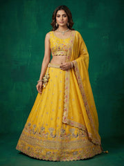 Women's Yellow Tissue Zarkan Embroidered Lehenga Choli with Dupatta