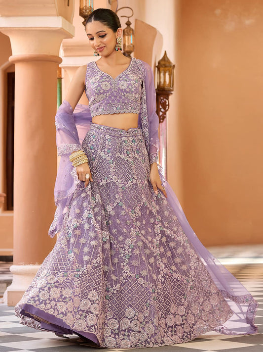 Mauve  Net Fabric Sequins embroidery Semi Stitched Lehenga & Unstitched Blouse With Dupatta