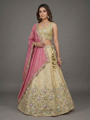 Women's Beige & Pink Tissue Beads with Embroidered Lehenga Choli with Dupatta
