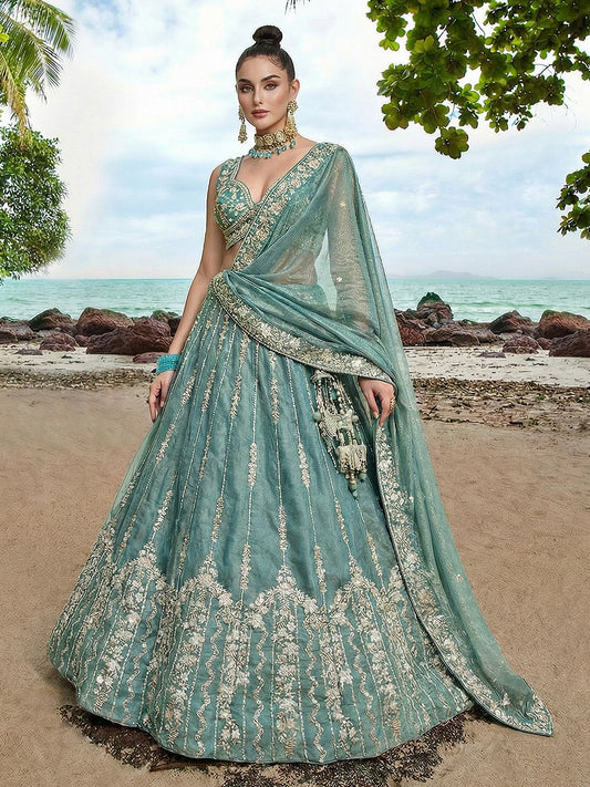 Women's Turquoise Chiffon Beads with Embroidered Lehenga Choli with Dupatta