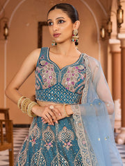 Teal  Net Fabric Sequins embroidery Semi Stitched Lehenga & Unstitched Blouse With Dupatta