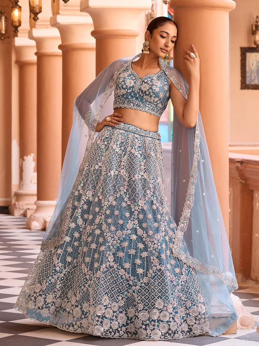 Teal  Net Fabric Sequins embroidery Semi Stitched Lehenga & Unstitched Blouse With Dupatta