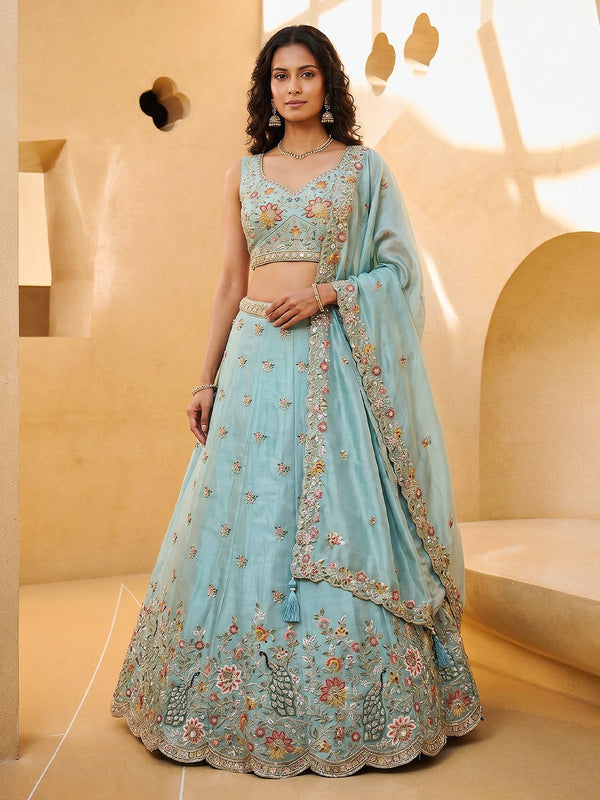 Women's Aqua Blue Organza Zarkan, Multi-Color Thread, Golden Sequin Embroidered Lehenga Choli with Dupatta
