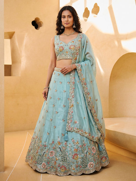 Women's Aqua Blue Organza Zarkan, Multi-Color Thread, Golden Sequin Embroidered Lehenga Choli with Dupatta