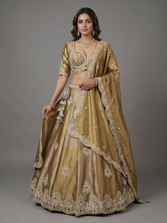 Women's Beige Gold Tissue Beads with Embroidered Lehenga Choli with Dupatta