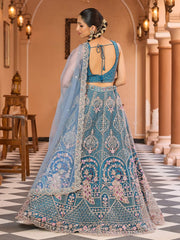 Teal  Net Fabric Sequins embroidery Semi Stitched Lehenga & Unstitched Blouse With Dupatta