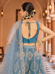 Teal  Net Fabric Sequins embroidery Semi Stitched Lehenga & Unstitched Blouse With Dupatta